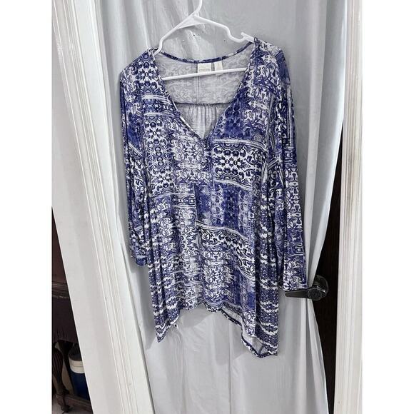 Chicos Periwinkle Blue White V Neck Tunic Xl Shark Bite Hem - Picture 1 of 5